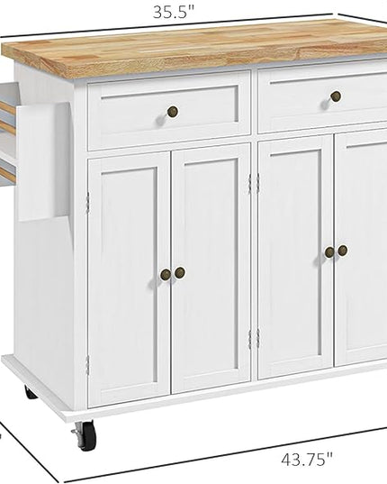 HOMCOM Kitchen Island on Wheels, Rolling Cart with Rubberwood Top, Spice Rack, Towel Rack and Drawers for Dining Room, Distressed White - LeafyLoom