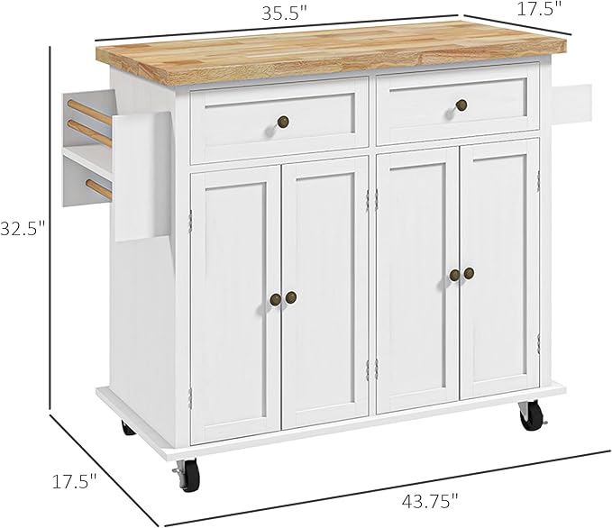 HOMCOM Kitchen Island on Wheels, Rolling Cart with Rubberwood Top, Spice Rack, Towel Rack and Drawers for Dining Room, Distressed White - LeafyLoom