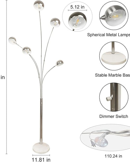 DLLT 5-Light Arc Floor Lamp, 86.6" Chrome Floor Lamps for Living Room, Multi-Head LED Standing Tall Lamp with Adjustable Arms, Modern Tree Floor Lamp for Bedroom, Study, Office, E12 Bulbs Included - LeafyLoom