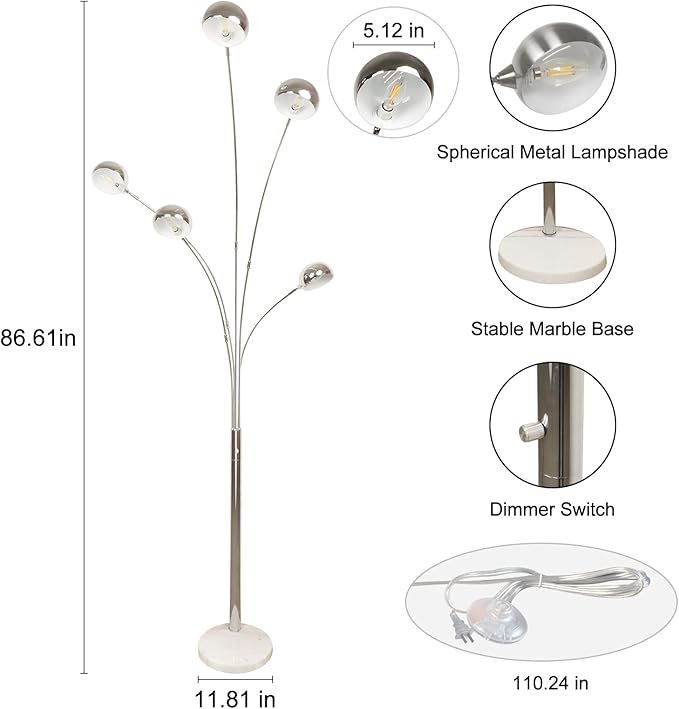 DLLT 5-Light Arc Floor Lamp, 86.6" Chrome Floor Lamps for Living Room, Multi-Head LED Standing Tall Lamp with Adjustable Arms, Modern Tree Floor Lamp for Bedroom, Study, Office, E12 Bulbs Included - LeafyLoom