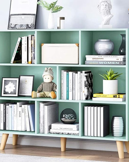 IOTXY Wooden Open Shelf Bookcase - 3-Tier Floor Standing Display Cabinet Rack with Legs, 8 Cubes Bookshelf, Tiffany-Green - LeafyLoom