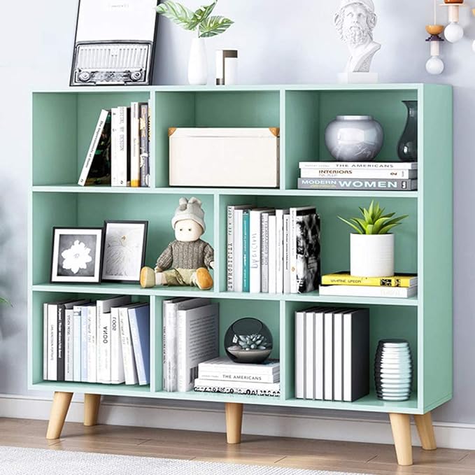 IOTXY Wooden Open Shelf Bookcase - 3-Tier Floor Standing Display Cabinet Rack with Legs, 8 Cubes Bookshelf, Tiffany-Green - LeafyLoom