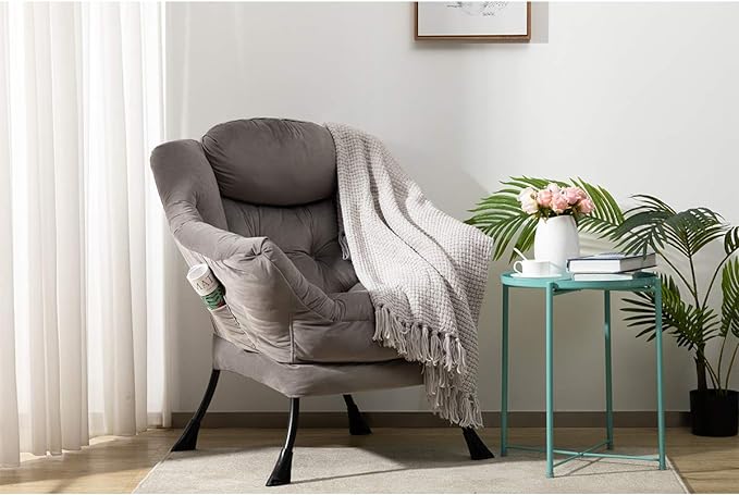 AbocoFur Modern Velvet Fabric Lazy Chair, Accent Contemporary Lounge Chair, Single Steel Frame Leisure Sofa Chair with Armrests and A Side Pocket, Thick Padded Back, Smoky Grey - LeafyLoom