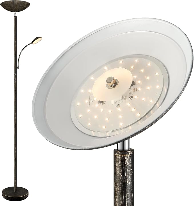 Floor Lamp, LED 20W/2000LM Bright Torchiere Floor Lamp with 5W Adjustable Reading Lamp, Stepless Dimmable Standing Lamp, 2 Rotary Switch, Modern Floor Lamps for Living Room, Bedroom, Office,Bronze - LeafyLoom