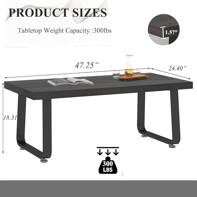 HSH Coffee Table, Industrial Wooden Coffee Table, Modern Minimalist Rectangular Center Table for Living Room, Wood and Metal Legs Cocktail Tea Table for Bedroom Home Office, Dark Gray Oak, 47 Inch - LeafyLoom