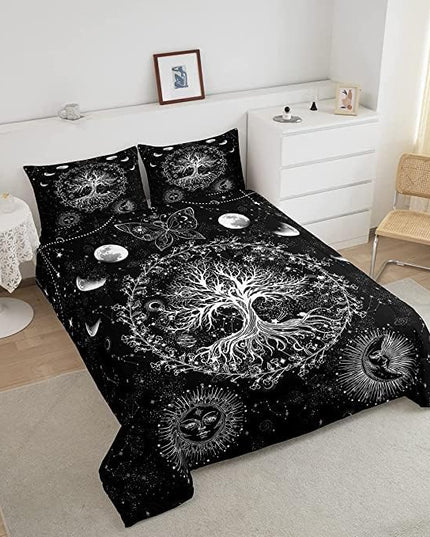 Feelyou Sun and Moon Comforter Bohemian Tree Butterfly Style Bedding Set Psychedelic Hippie Comforter Set for Boys Girls Children Teens Bedroom Decor Galaxy Astrology Duvet Set King Size - LeafyLoom