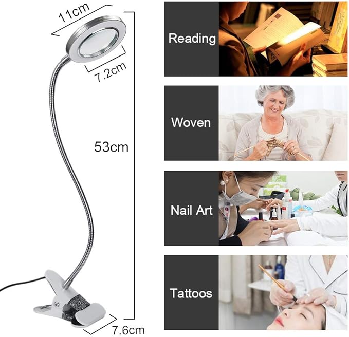 ATOMUS 2.5X Magnifying Lamp, LED USB Rechargeable Tattoo Beauty Magnifier Lamp with Metal Clip for Eyebrow Tattoo Manicure Eyelash Extension Read - LeafyLoom