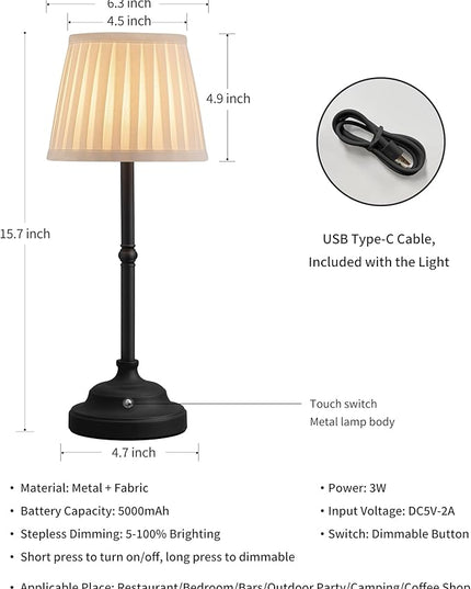 KDG Cordless LED Table Lamp Set of 2, Portables Fabric Shade Desk Lamps, 5000mAh Rechargeable Battery Powered Lighting, Dimmable Light for Dining Room, Bedroom, Bedside, Night Light, Balcony (Black) - LeafyLoom