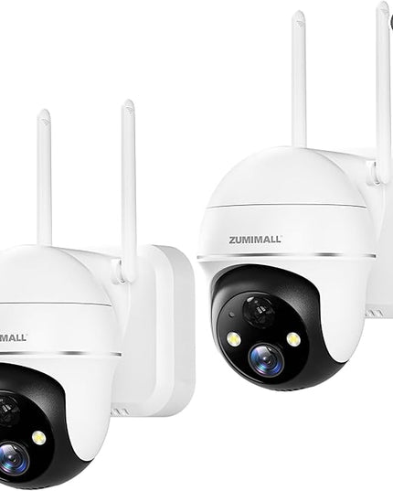 ZUMIMALL Security Cameras Wireless Outdoor - 2 Packs, 360° PTZ WiFi Battery Powered Cameras for Home Surveillance, Spotlight & Siren/PIR Detection/3MP Color Night Vision/2-Way Talk/IP66/Cloud ZUMIMALL