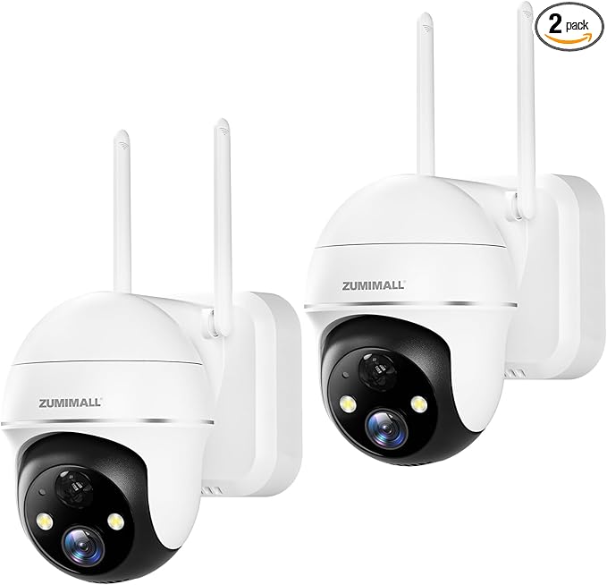 ZUMIMALL Security Cameras Wireless Outdoor - 2 Packs, 360° PTZ WiFi Battery Powered Cameras for Home Surveillance, Spotlight & Siren/PIR Detection/3MP Color Night Vision/2-Way Talk/IP66/Cloud ZUMIMALL
