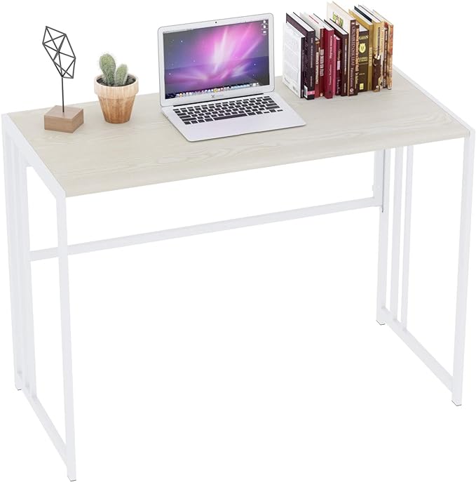 Folding Desk 40'' Computer Desk for Home Office, No Assembly Office Desk Foldable Simple Study Writing Desk Table for Small Spaces(Beige, White) - LeafyLoom