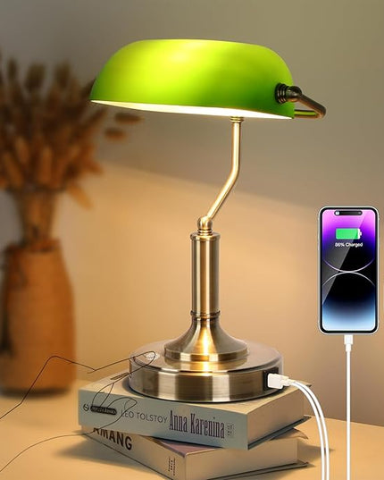 Bankers Lamp, Green Desk Lamp with Touch Control Switch, Retro Lamp with USB and Type C Charging Ports, Vintage Lamp for Home Office, Piano, Library, LED Bulb Included (Vintage) - LeafyLoom