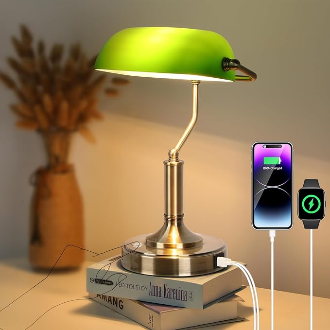 Bankers Lamp, Green Desk Lamp with Touch Control Switch, Retro Lamp with USB and Type C Charging Ports, Vintage Lamp for Home Office, Piano, Library, LED Bulb Included (Vintage) - LeafyLoom