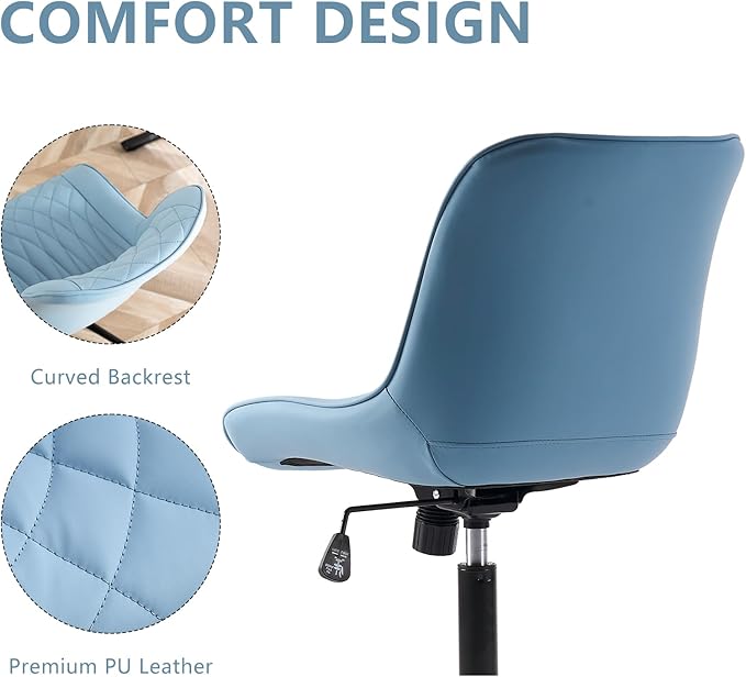 YOUNIKE Desk Chair with Wheels Armless Office Chair Swivel Rolling Task Chair with Back Upholstered Faux Leather Computer Chair Height Adjustable Modern Ergonomic Seat, Loads 300 lbs, Blue - LeafyLoom