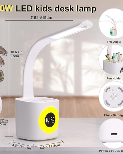 YOUKOYI LED Desk Lamp with Clock, Kids Desk Lamp, 10W Dimmable Study Lamp with Pen Holder, 4 Lighting Modes&5 Brightness Level with Color Changing Nightlight, Desk Lamps for Home Office, Gift for Kids - LeafyLoom