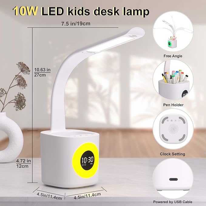 YOUKOYI LED Desk Lamp with Clock, Kids Desk Lamp, 10W Dimmable Study Lamp with Pen Holder, 4 Lighting Modes&5 Brightness Level with Color Changing Nightlight, Desk Lamps for Home Office, Gift for Kids - LeafyLoom