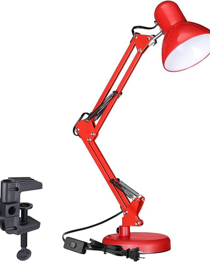 TORCHSTAR Metal Swing Arm Architect Desk Lamp with Clamp, Adjustable Gooseneck Table Lamp, Clip Desk Lights for Home Office, Work, Study, Reading, E26 Base, Multi-Joint, Red - LeafyLoom