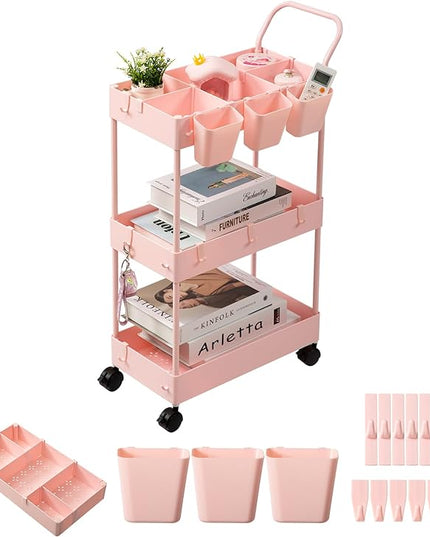danpinera Slim Storage Cart, 3 Tier Narrow Rolling Cart on Wheels Bathroom Organizer Cart with Dividers Handle Hanging Cups Hooks for Laundry Room Kitchen Small Spaces, Pink - LeafyLoom