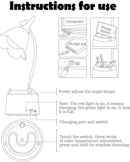 Pink Cute Desk Lamp for Kid, Rechargeable LED Lamp with USB Charging Port, Flexible Gooseneck, 3 Color Modes & Stepless Dimming, Table Lamp for College Dorm Bedroom Reading - LeafyLoom