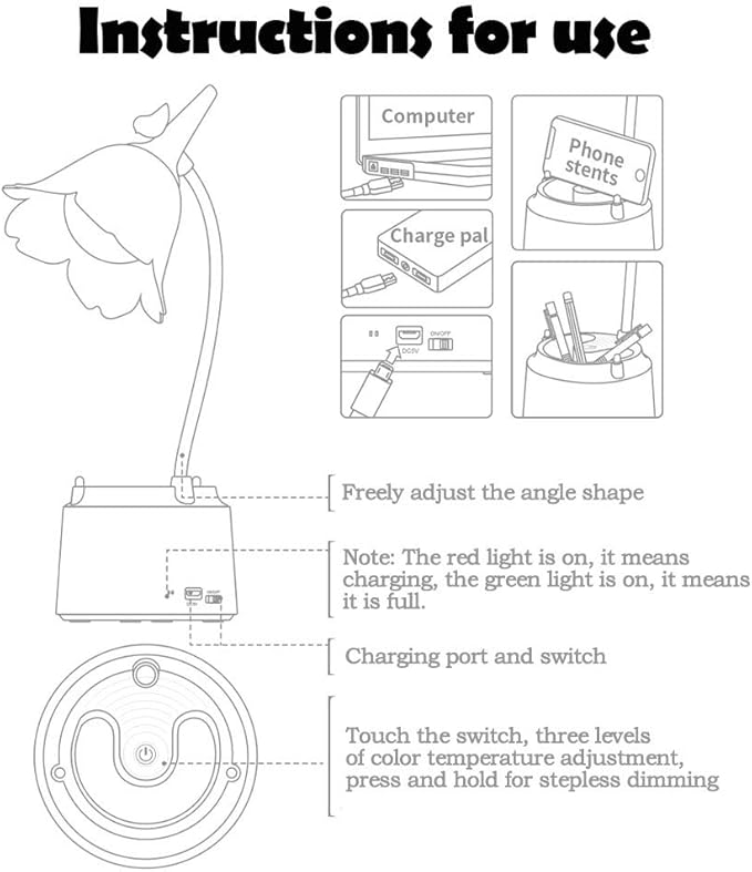 Pink Desk Lamp, Rechargeable LED Lamp with USB Charging Port, Kawaii Desk Accessories, 3 Color Modes & Stepless Dimming, Cute Lamp for College Dorm Bedroom Reading - LeafyLoom