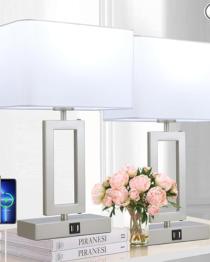 Table Lamp Set of 2 Lamps for Bedroom, Touch Control Table Lamps with 2 USB Ports, 3-Way Dimmable Bedside Nightstand Lamps, Silver&White Lamp for End Table Living Room Modern - LeafyLoom