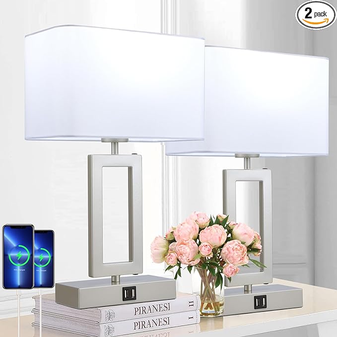 Table Lamp Set of 2 Lamps for Bedroom, Touch Control Table Lamps with 2 USB Ports, 3-Way Dimmable Bedside Nightstand Lamps, Silver&White Lamp for End Table Living Room Modern - LeafyLoom