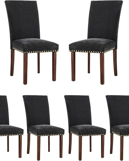 COLAMY Upholstered Parsons Dining Chairs Set of 6, Fabric Dining Room Kitchen Side Chair with Nailhead Trim and Wood Legs - F-Black - LeafyLoom