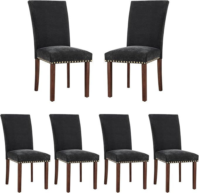 COLAMY Upholstered Parsons Dining Chairs Set of 6, Fabric Dining Room Kitchen Side Chair with Nailhead Trim and Wood Legs - F-Black - LeafyLoom