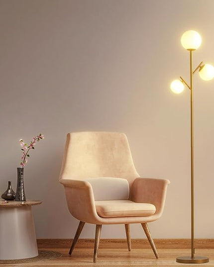 3 Globe Gold Mid Century Floor Lamp, Modern Standing Lamp with Frosted Glass Shade & 3pcs Warm White LED Bulbs, Contemporary Tall Tree Lamp for Living Room, Bedroom - Antique Brass - LeafyLoom