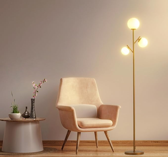 3 Globe Gold Mid Century Floor Lamp, Modern Standing Lamp with Frosted Glass Shade & 3pcs Warm White LED Bulbs, Contemporary Tall Tree Lamp for Living Room, Bedroom - Antique Brass - LeafyLoom