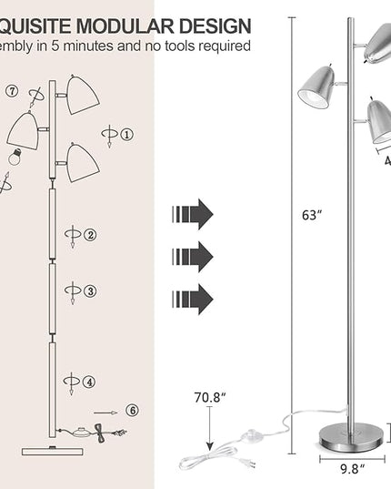 Qimh Tree Floor Lamp with 3 Light Bulbs, Standing Tall Pole Lamps for Living Room Bedroom Office, Reading Stand up Lamps with 3 Adjustable Arms,Brushed Nickel - LeafyLoom
