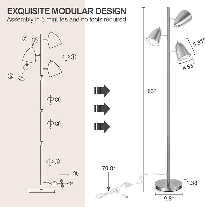 Qimh Tree Floor Lamp with 3 Light Bulbs, Standing Tall Pole Lamps for Living Room Bedroom Office, Reading Stand up Lamps with 3 Adjustable Arms,Brushed Nickel - LeafyLoom