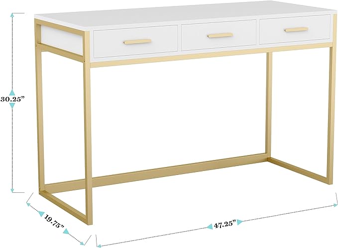 Martha Stewart Ollie Home Office Desk with 3 Drawers in White with Polished Brass Hardware - LeafyLoom