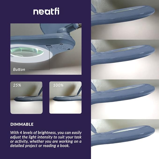 (New Model) Neatfi Bifocals 1,200 Lumens Super LED Magnifying Lamp with Clamp, 5D + 20D, Dimmable, 60 Pcs SMD LED, 5 Inches Diameter Lens (5 Diopter + 20 Diopter, Gray) - LeafyLoom