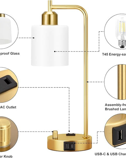 Innqoo Industrial Table Lamps for Bedroom Set of 2 - Fully Dimmable Bedside Lamps with USB Ports and Outlet, Gold Nightstand Lamps with Opal Glass Shade for Living Room, Desk Lamps for Office Reading - LeafyLoom