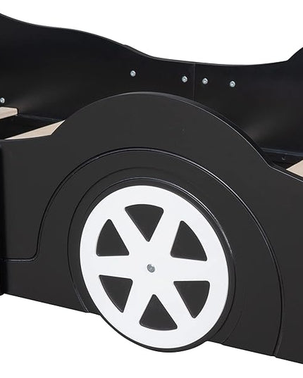 Car Shaped Toddler Bed with Wheels,Racecar Platform Beds W/Safety Guardrail,Slats Support,Stylish Design,Easy Assembly,Wood Twin Bedframe for Boys Toddlers Kids Teens Bedroom,Black - LeafyLoom