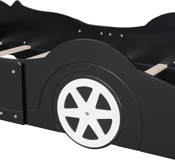 Car Shaped Toddler Bed with Wheels,Racecar Platform Beds W/Safety Guardrail,Slats Support,Stylish Design,Easy Assembly,Wood Twin Bedframe for Boys Toddlers Kids Teens Bedroom,Black - LeafyLoom