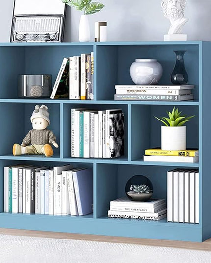 IOTXY Open Shelf Low Bookcase - Wooden 3-Tier Floor Standing Display Cabinet Organizer with Base, 7 Cubes Short Horizontal Bookshelf in Bright Blue - LeafyLoom