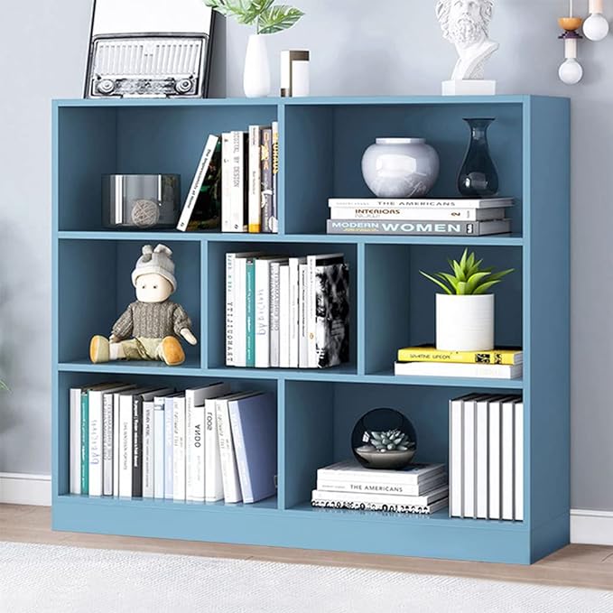 IOTXY Open Shelf Low Bookcase - Wooden 3-Tier Floor Standing Display Cabinet Organizer with Base, 7 Cubes Short Horizontal Bookshelf in Bright Blue - LeafyLoom