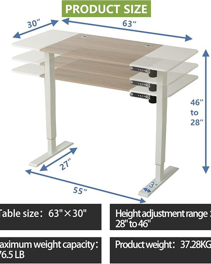 Standing Desk Adjustable Height Desk,63x30Inches, Stand Up Desk Table for Home Office, Home Office Computer Desk,Memory Preset,Height adjustments from 28" to 46" White&Oak - LeafyLoom