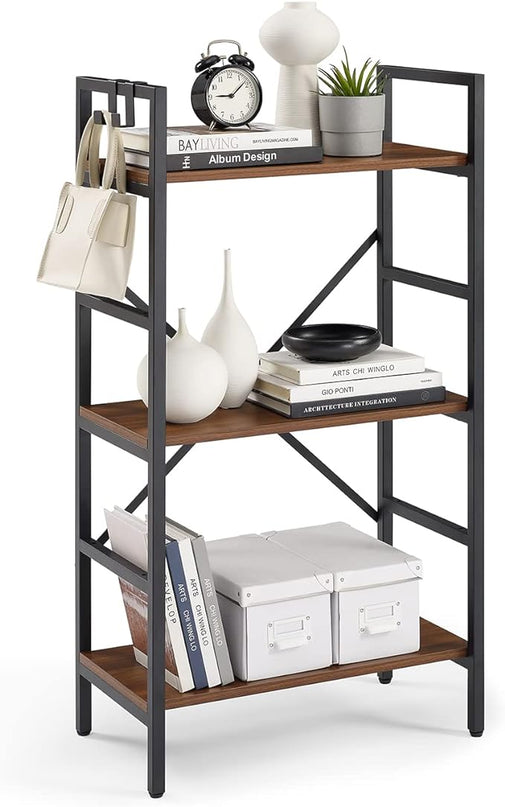 3 Tier Bookshelf, Bookcase Shelf Storage Organizer, Modern Book Shelf for Bedroom, Living Room and Home Office, Wood & Metal (Rustic Walnut) - LeafyLoom