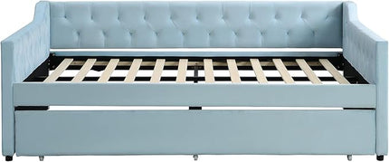 Full Size Velvet Upholstered Tufted Daybed with Twin-Size Trundle,Modern Wood Bed Frame w/Armrests,Slat Support,No Box Spring Needed,Daybeds for Apartment,Bedroom,Guest Room,Blue - LeafyLoom