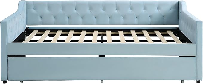 Full Size Velvet Upholstered Tufted Daybed with Twin-Size Trundle,Modern Wood Bed Frame w/Armrests,Slat Support,No Box Spring Needed,Daybeds for Apartment,Bedroom,Guest Room,Blue - LeafyLoom