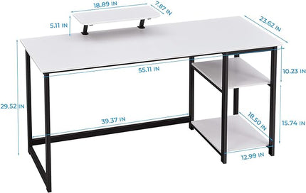 GreenForest Computer Home Office Desk with Monitor Stand and Reversible Storage Shelves,55 inch Modern Simple Writing Study PC Work Table,White - LeafyLoom
