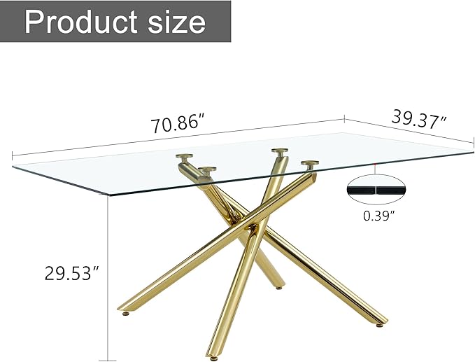 NicBex Large Modern Minimalist Rectangular Glass Dining Table for 6-8 with 0.39" Tempered Glass Tabletop and Golden Metal Legs for Kitchen Dining Living Meeting Room Banquet Hall, Golden - LeafyLoom
