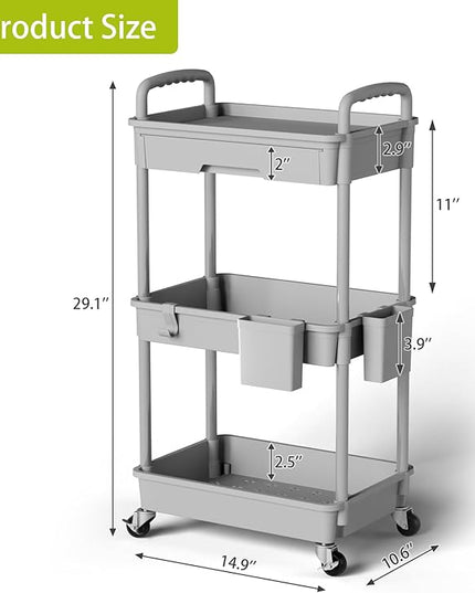 3 Tier Small Rolling Cart Organizer,Laundry Room Bathroom Organizers and Storage Office Shelves Mobile Shelving Unit Kitchen Trolley Cart with Wheels for Art,Craft,Diaper,Bedside,Snack(Grey) - LeafyLoom