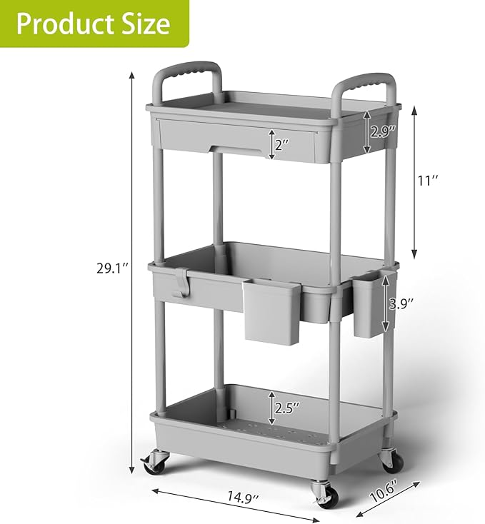 3 Tier Small Rolling Cart Organizer,Laundry Room Bathroom Organizers and Storage Office Shelves Mobile Shelving Unit Kitchen Trolley Cart with Wheels for Art,Craft,Diaper,Bedside,Snack(Grey) - LeafyLoom