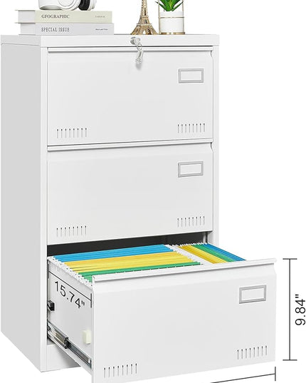 3 Drawer Lateral Lock and Card Holder, Multifunctional Metal Filing Cabinets w/Heavy 3 Section Slide Rail & Breathable Holes,for Legal/Letter/A4,White - LeafyLoom