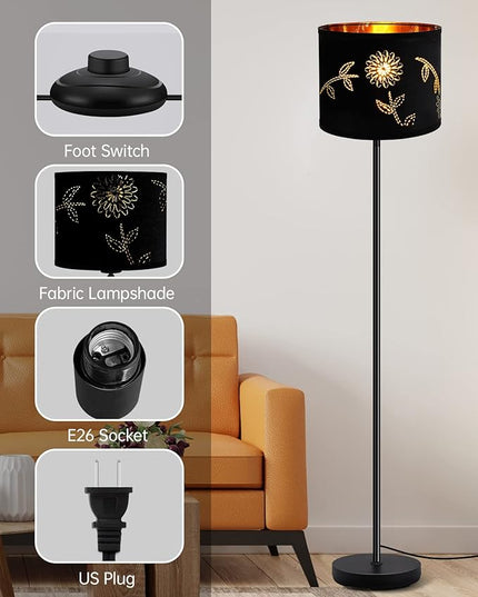 BoostArea Floor Lamp, Standing Lamp, 6W LED Floor Lamps with Black Lampshade, 2700K, Foot Switch, E26 Socket, 58" Tall Metal Pole Lamp, Simple Floor Lamps for Living Room/Bedroom/Farmhouse, Flower - LeafyLoom