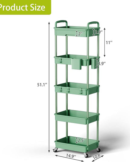 5 Tier Small Rolling Cart Organizer,Bathroom Cart Organizers with Wheels Laundry Room Organization Mobile Shelving Unit Utility Cart Storage Shelves Multi-Functional for Office, Home(Green) - LeafyLoom